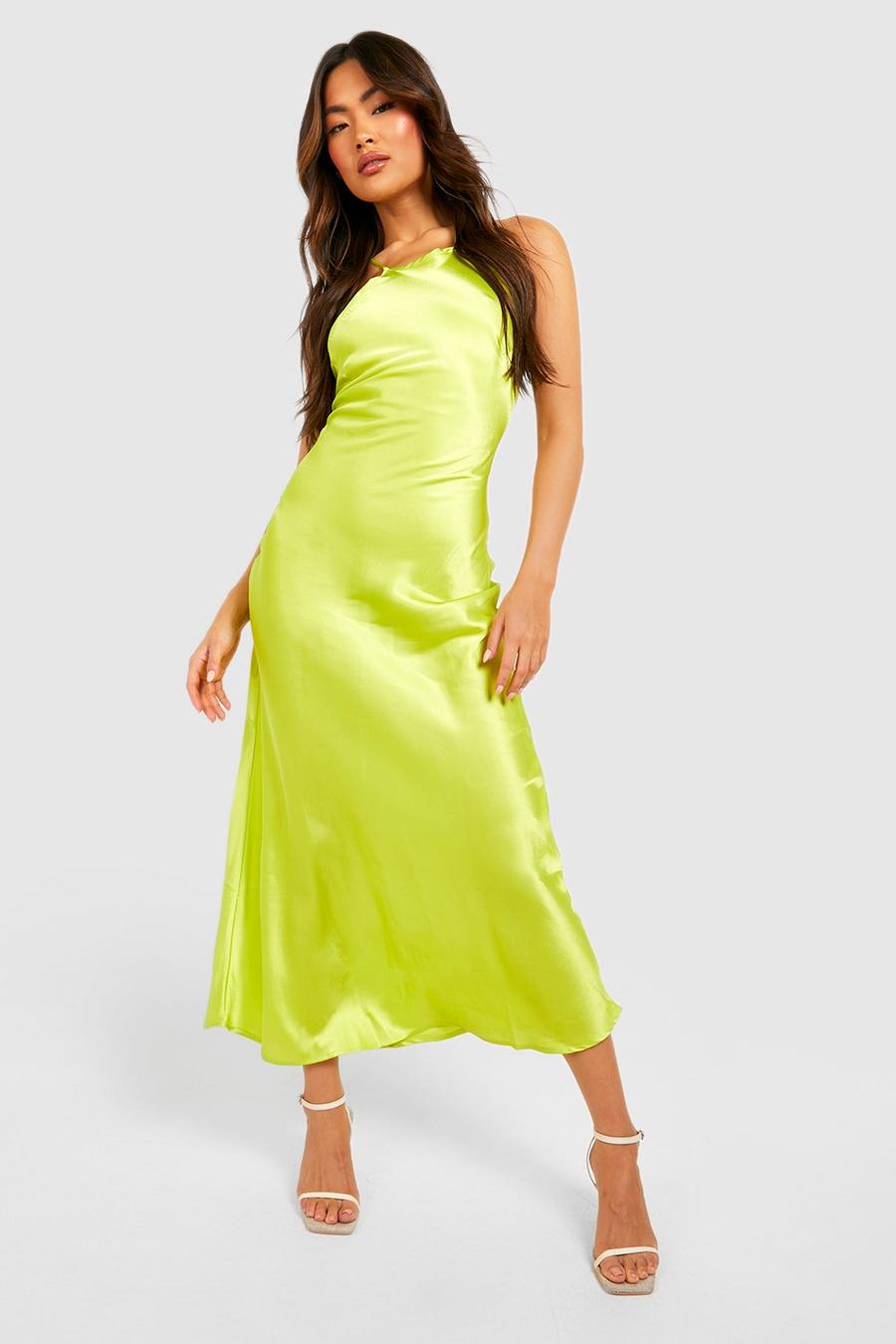 Chartreuse Satin Halter Tie Back Midi Slip Dress image number 1