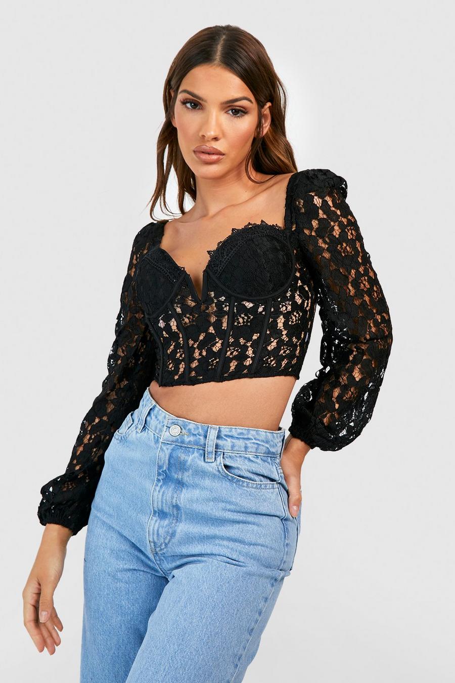 Crop top a corsetto in pizzo con maniche a palloncino, Black