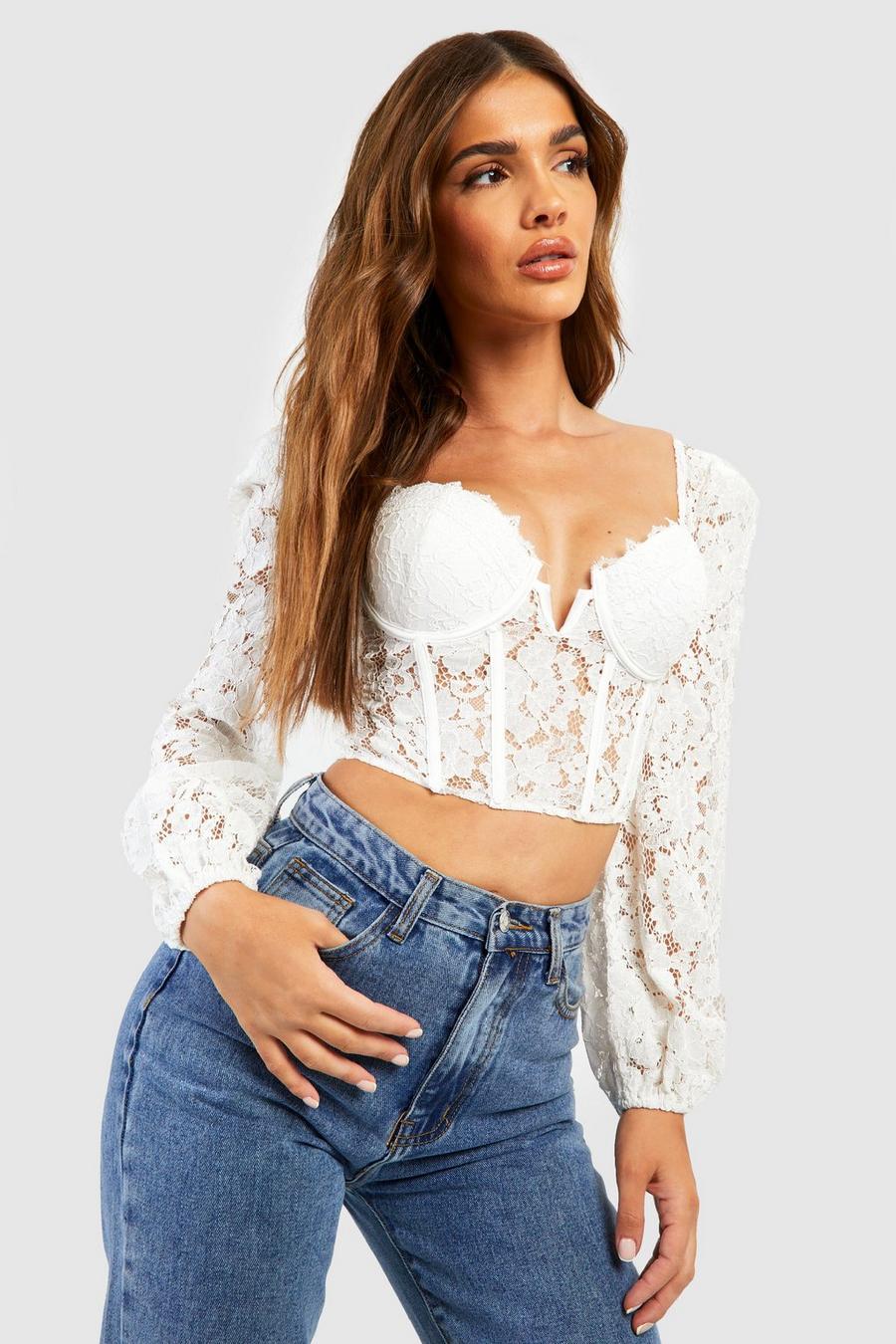 White Lace Balloon Sleeve Corset Crop Top image number 1
