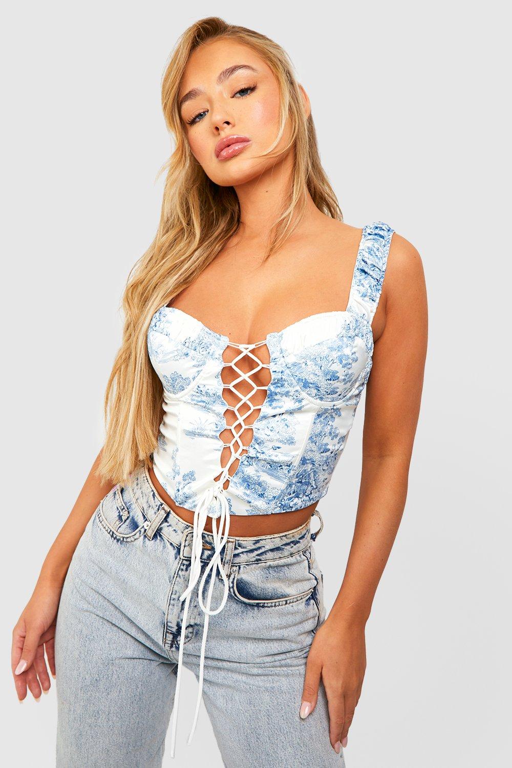 Blue Porcelain Lace Up Satin Corset