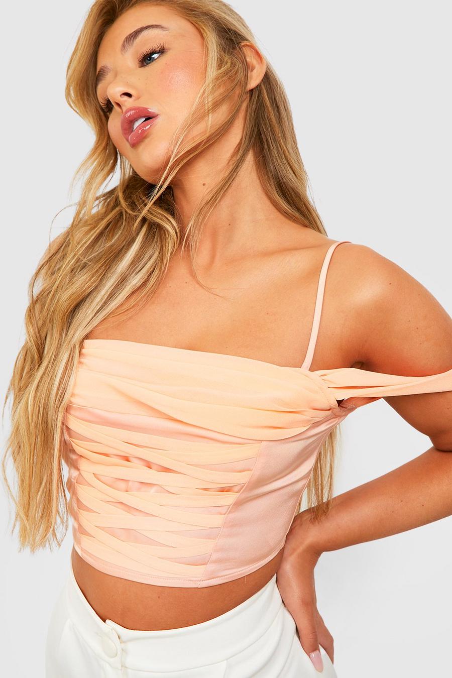 Peach Chiffon Cowl Lace Up Corset Top  image number 1