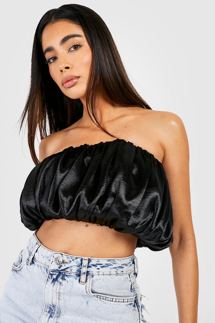 Black Puffball Satin Bandeau Top image number 1