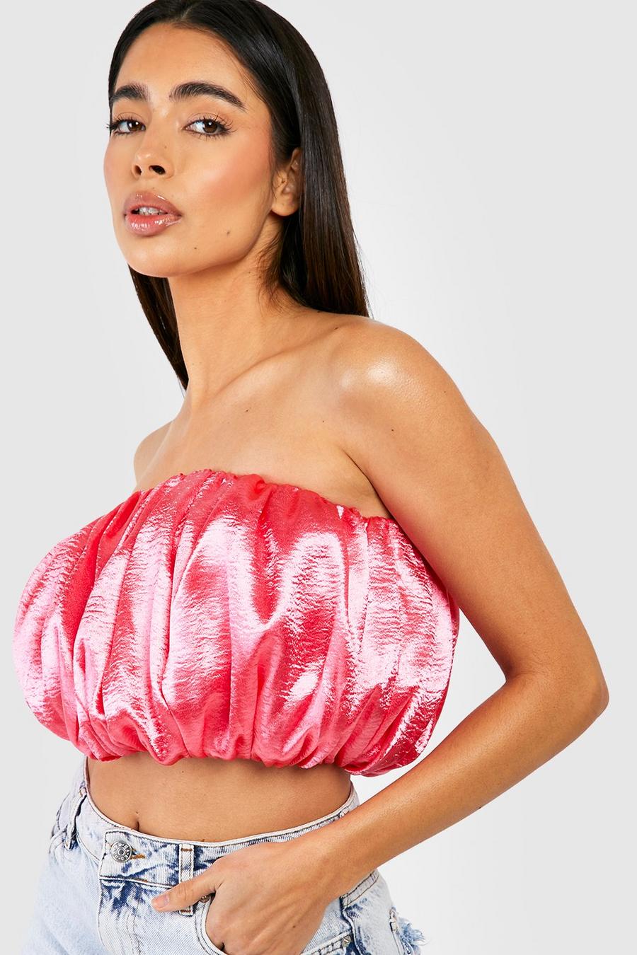 Hot pink Puffball Satin Bandeau Top image number 1