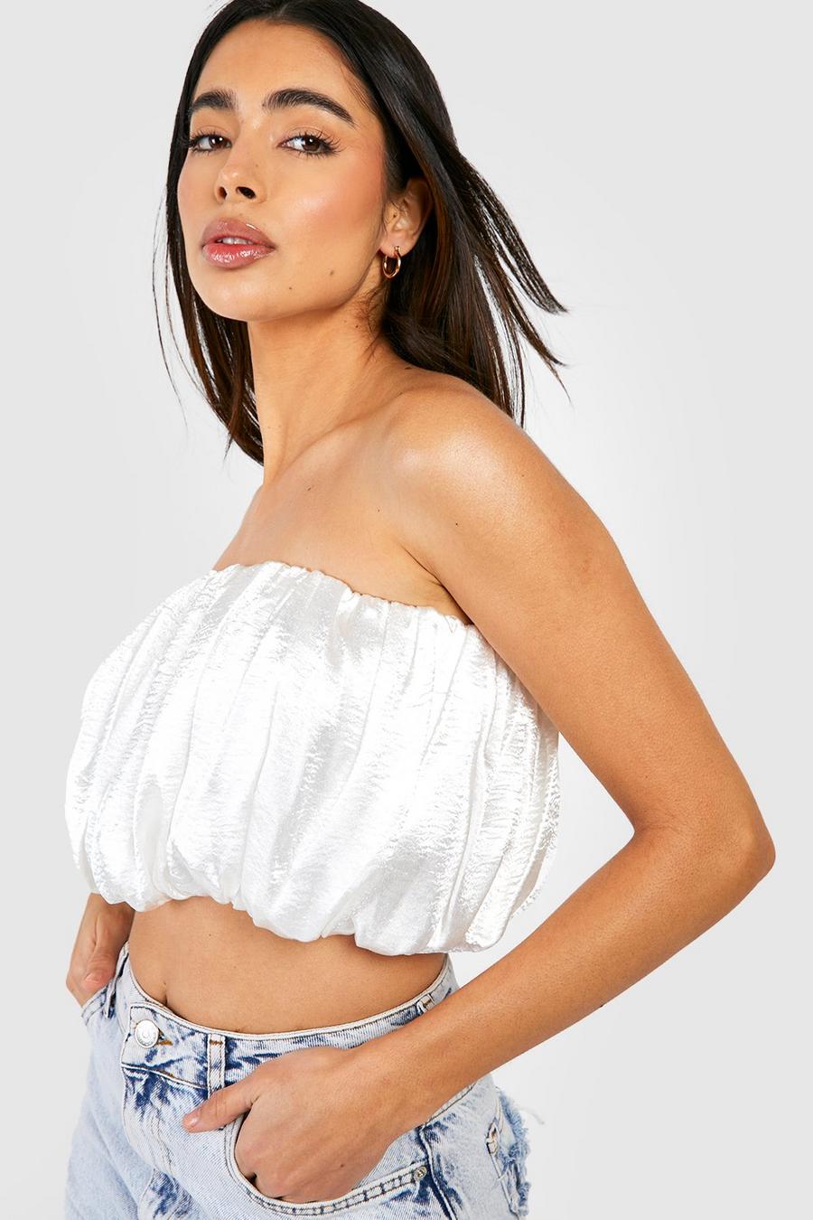White Puffig bandeau topp i satin image number 1