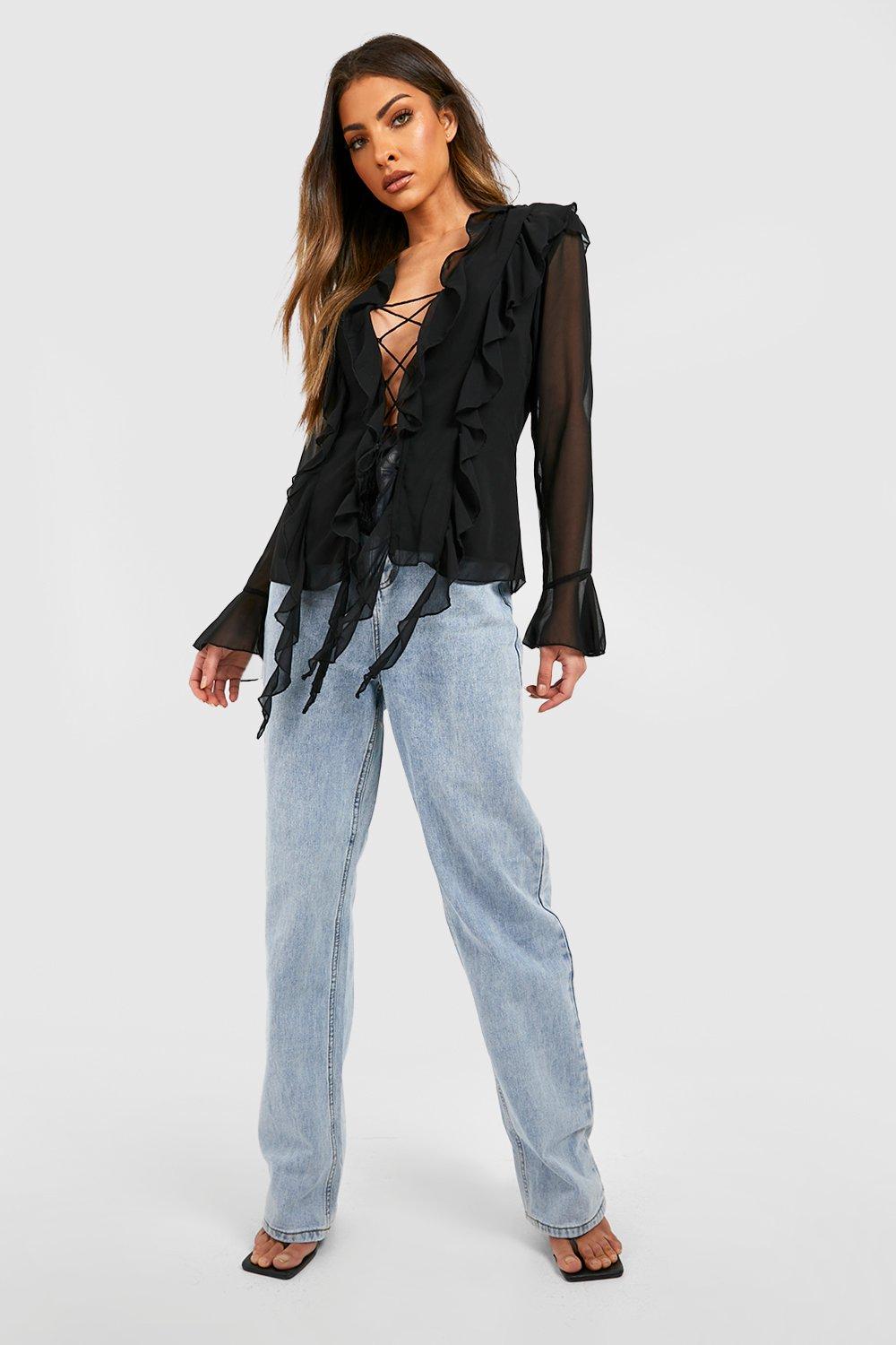 Lace up store ruffle top