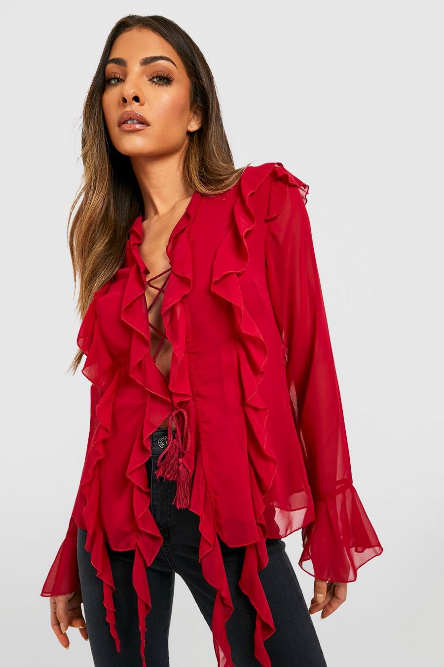 Red Chiffon Lace Up Ruffle Top image number 1