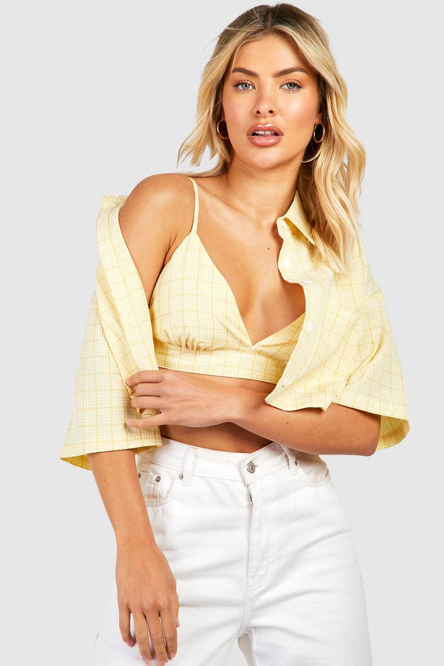 Lemon yellow Gingham Cropped Shirt And Bralette