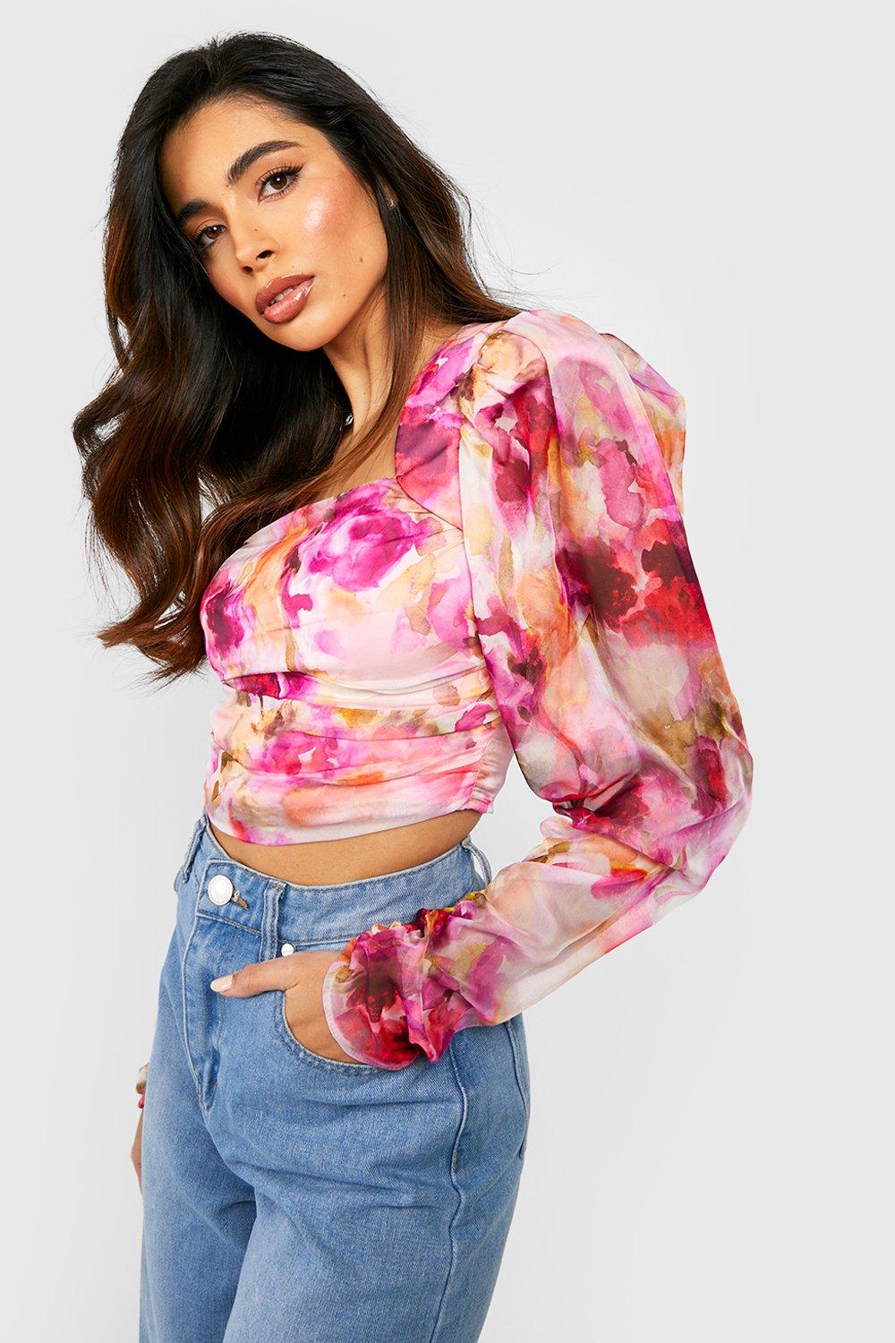 Printed Chiffon Long Sleeve Corset Top