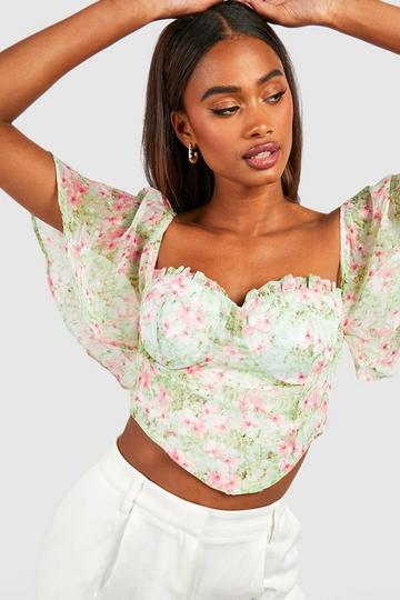 Angel Sleeve Floral Corset Top green