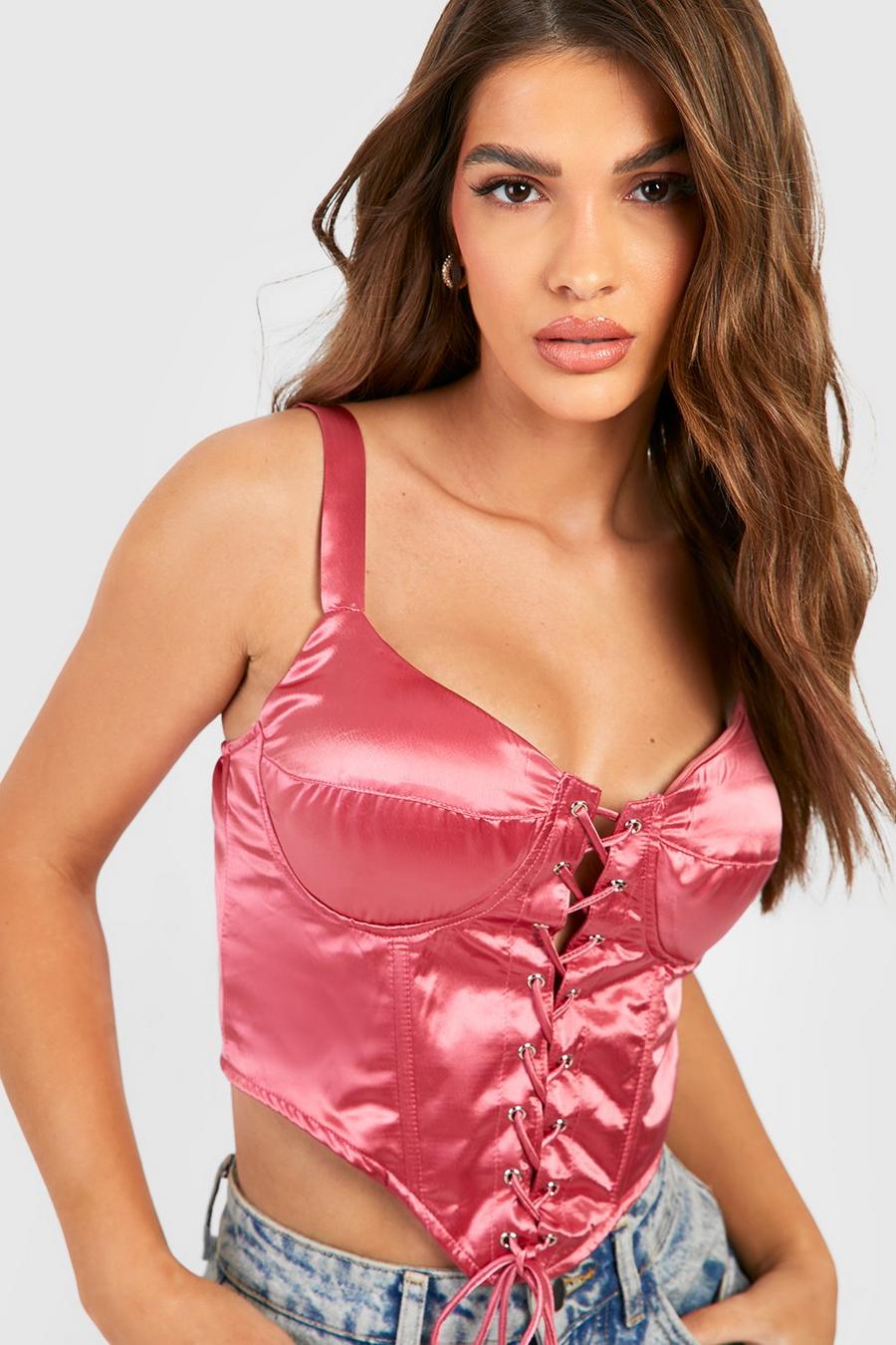 Rose Lace Up Wide Strap Satin Corset Top image number 1