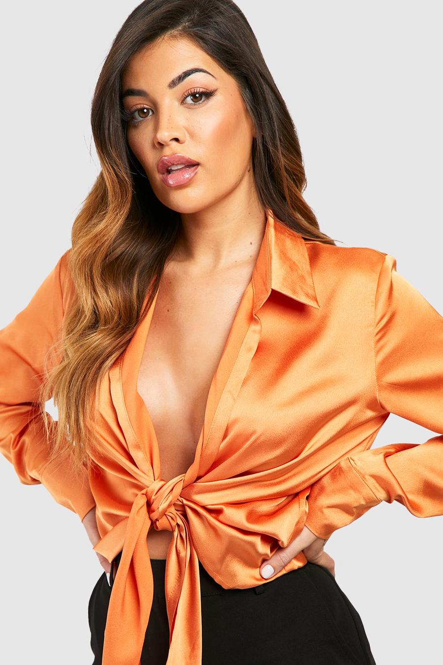 Burnt orange Satinskjorta med knytdetalj
