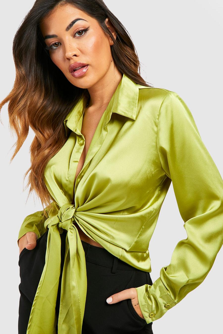 Chartreuse Tie Front Satin Shirt image number 1