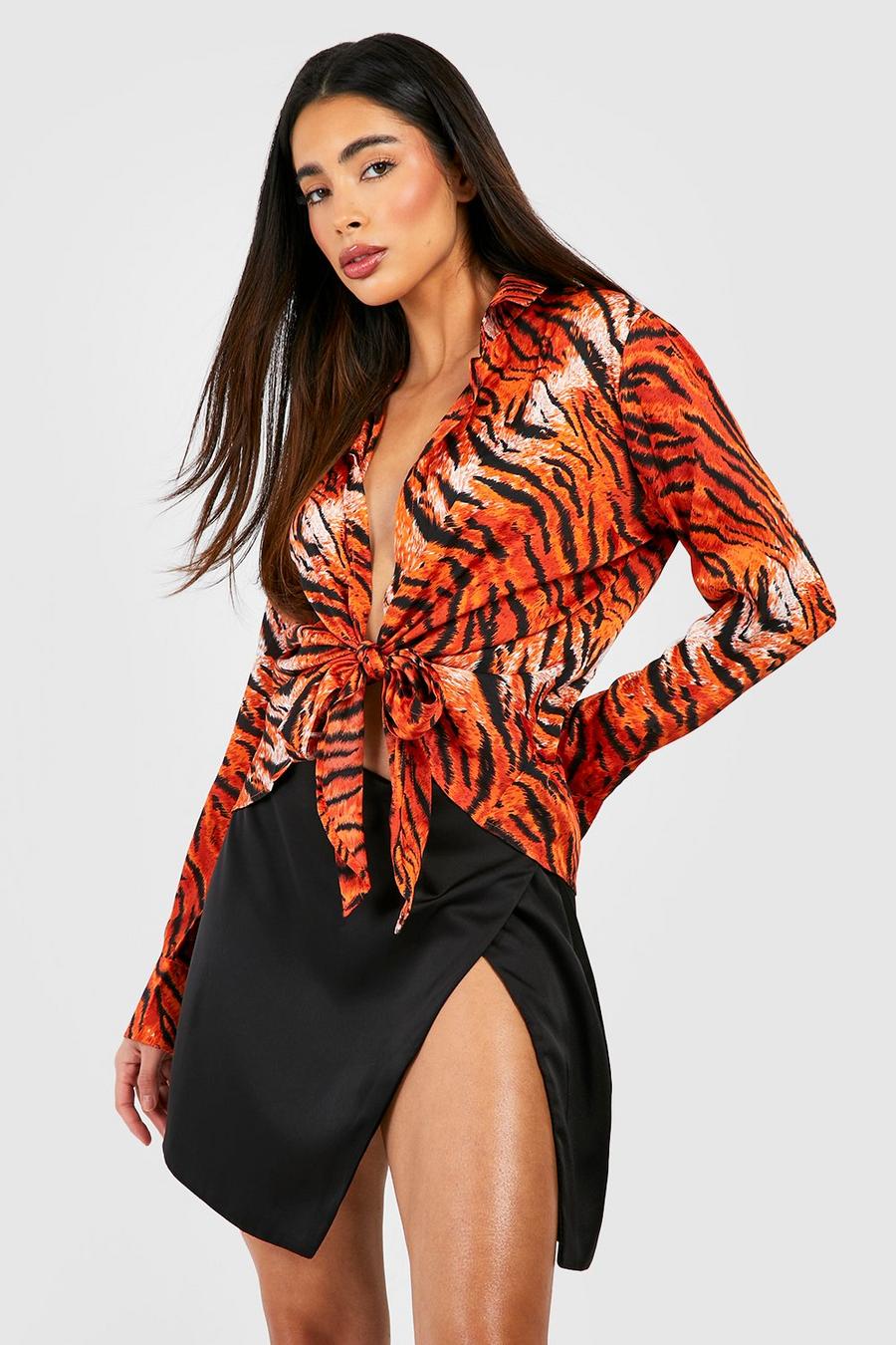 Camisa con atadura frontal y estampado de tigre, Orange naranja