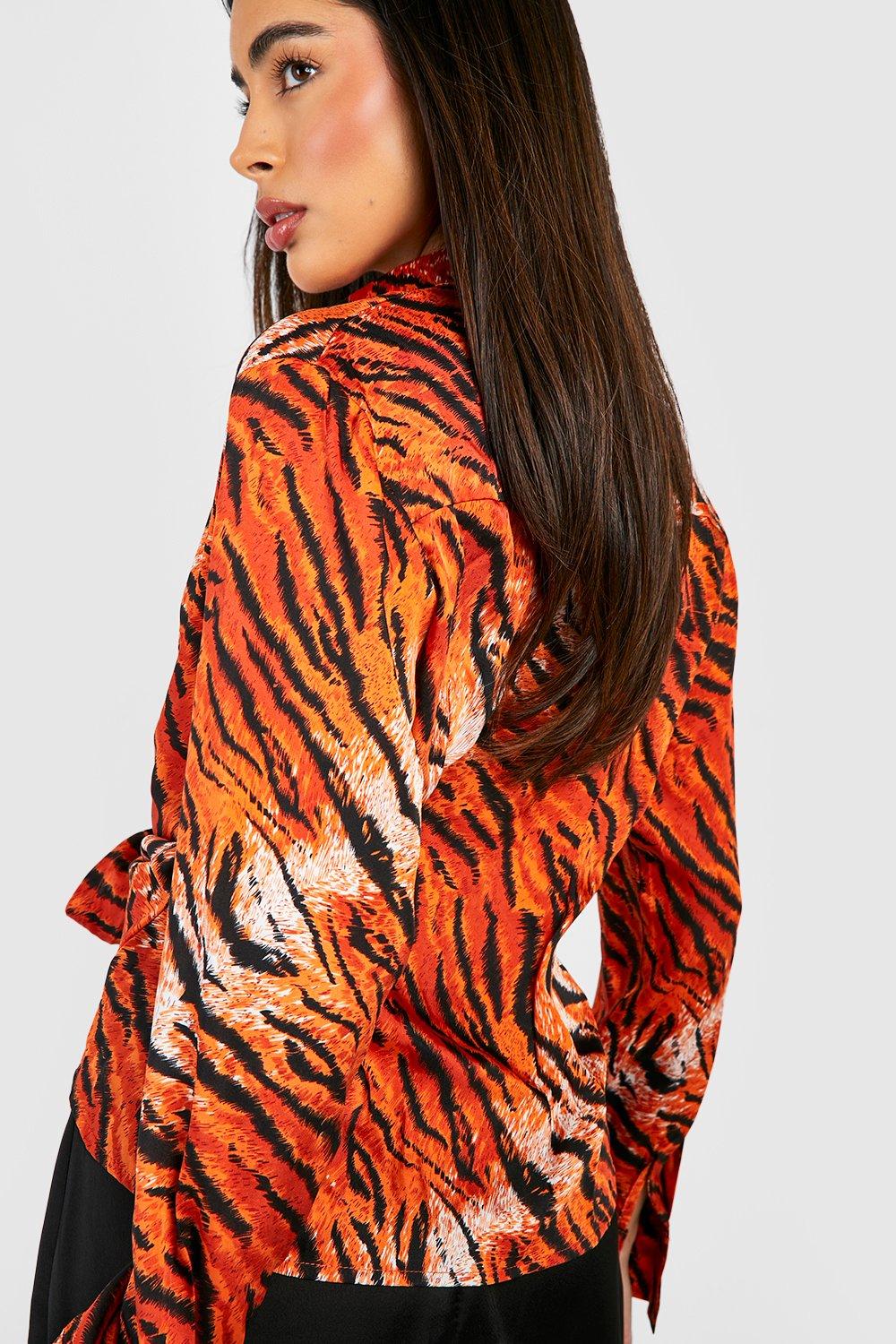 Tie Front Tiger Print Shirt | boohoo USA