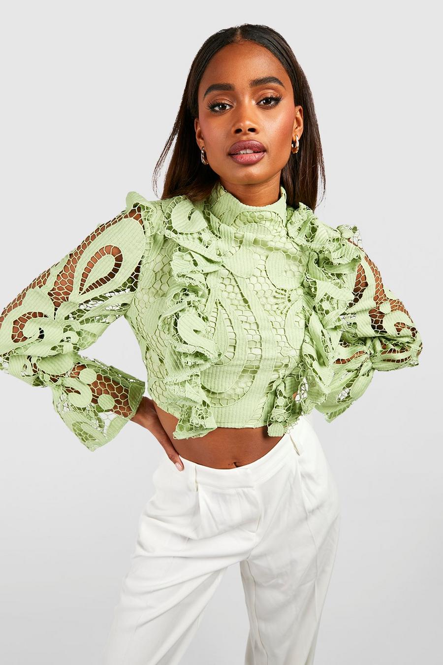 Sage Lace Ruffle High Neck Crop Top image number 1