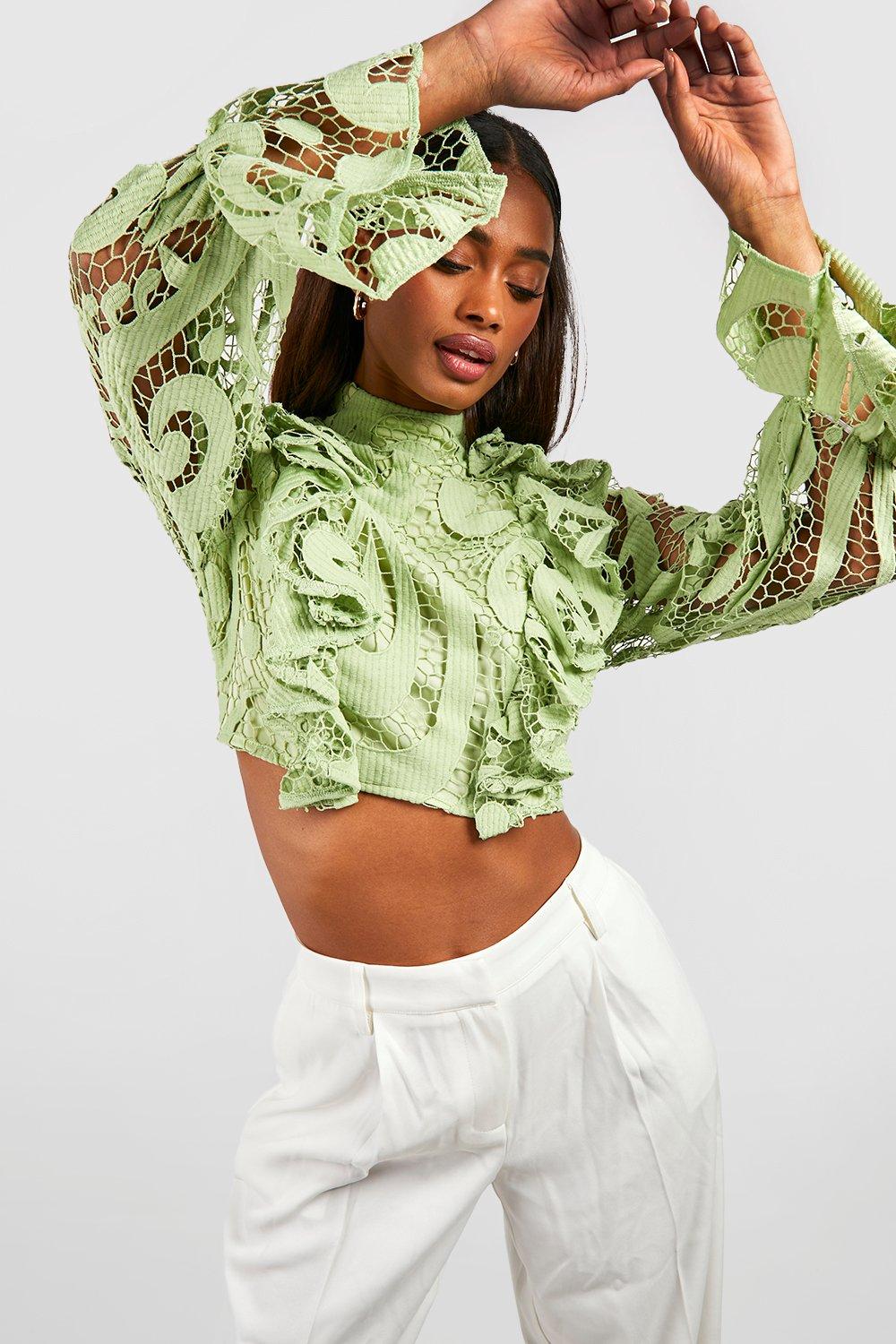 Sage Lace Ruffle High Neck Crop Top
