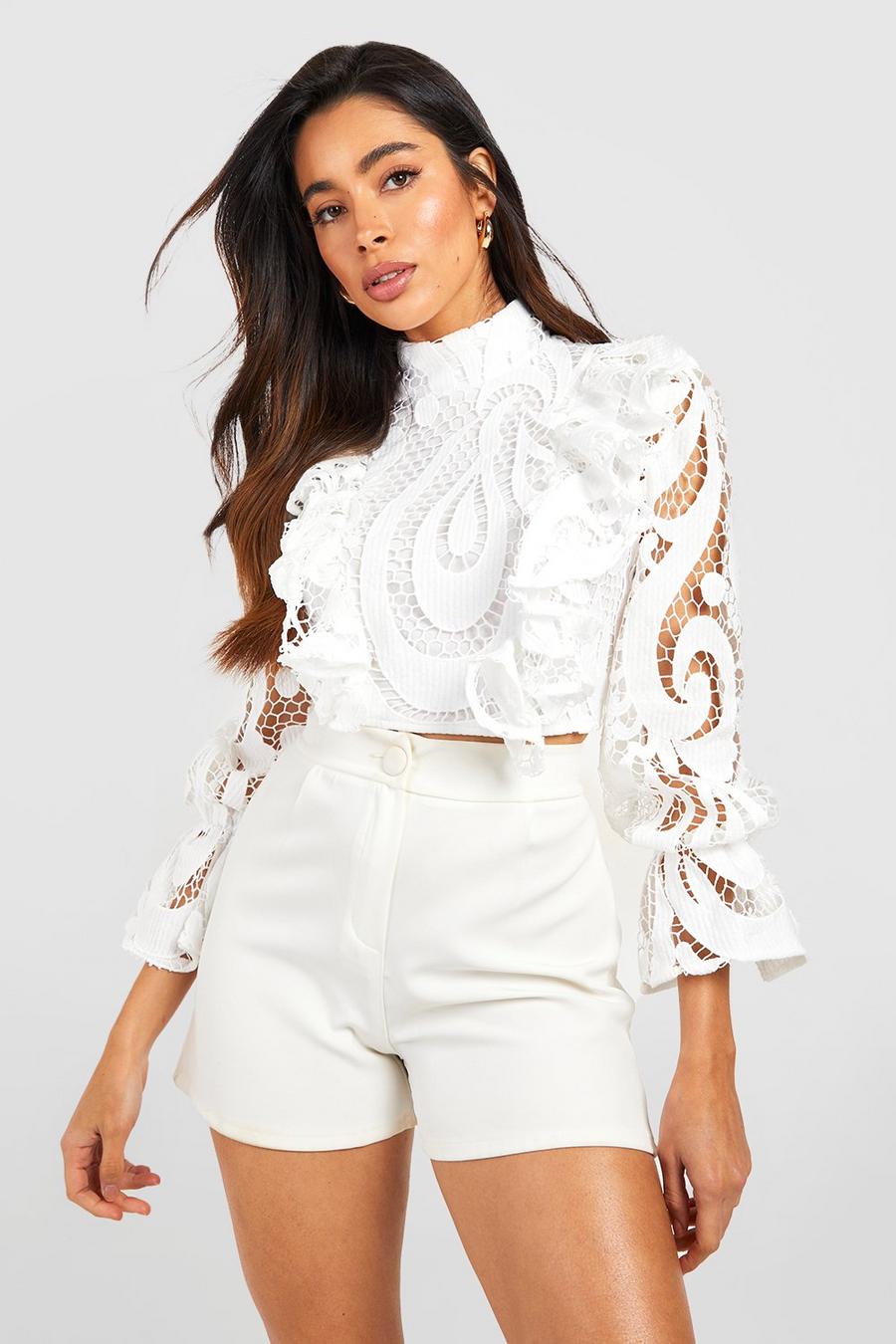 White Lace Ruffle High Neck Crop Top image number 1