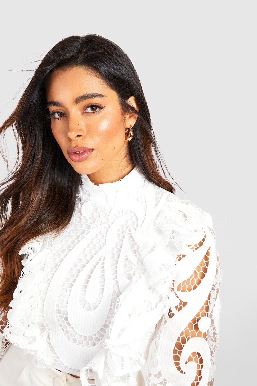 Lace Ruffle High Neck Crop Top