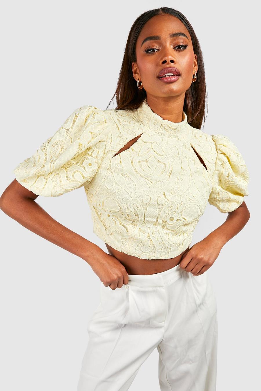 Lemon Lace Cut Out Puff Sleeve Crop image number 1