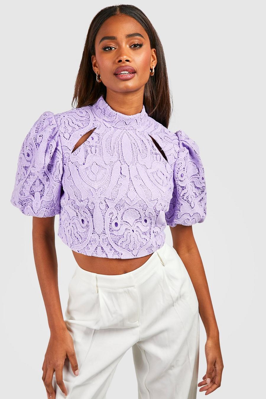 Crop top in pizzo con cut-out e maniche a sbuffo, Lilac image number 1