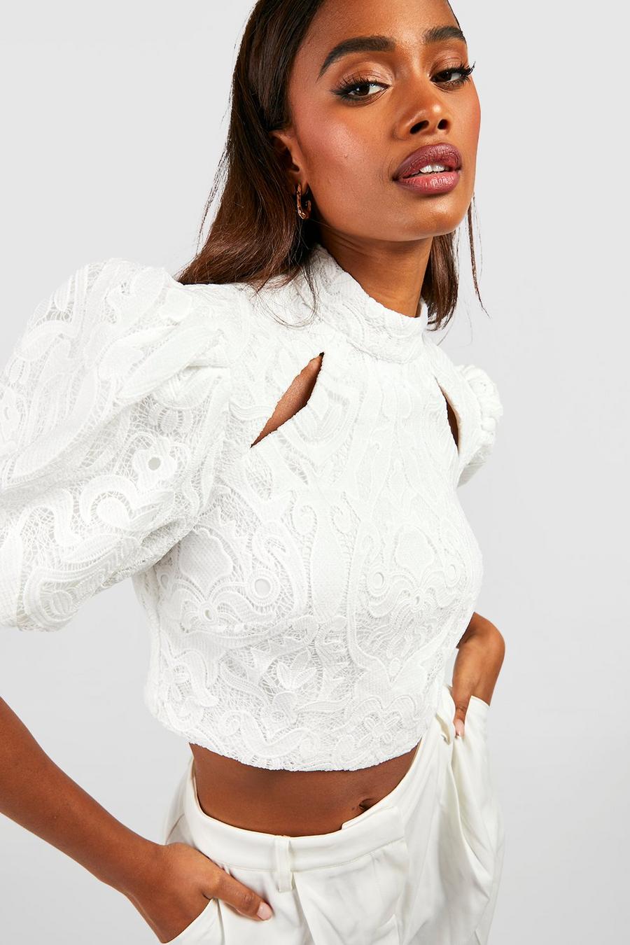 White Lace Cut Out Puff Sleeve Crop image number 1