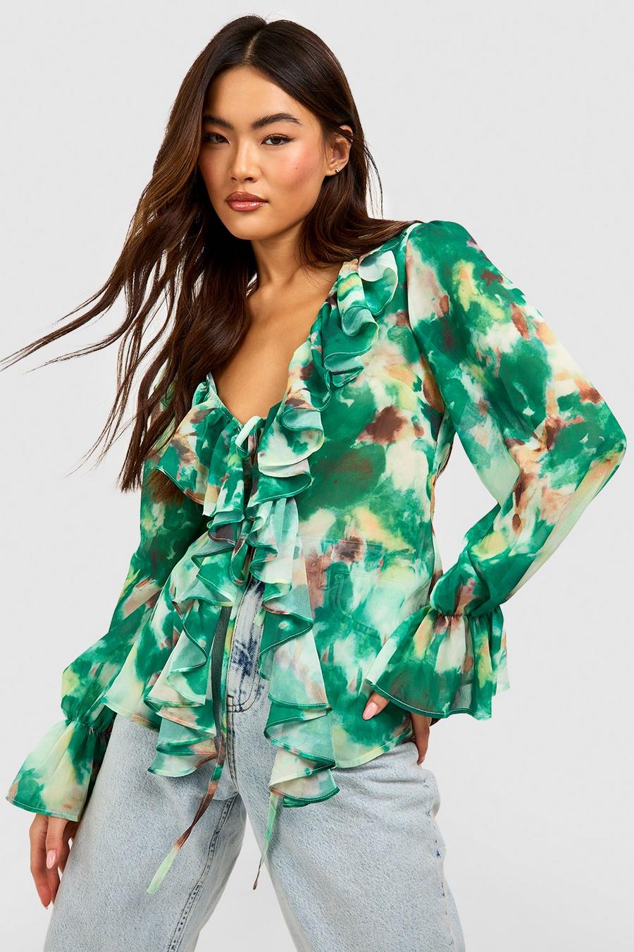 Green Floral Ruffle Tie Front Boho Top image number 1