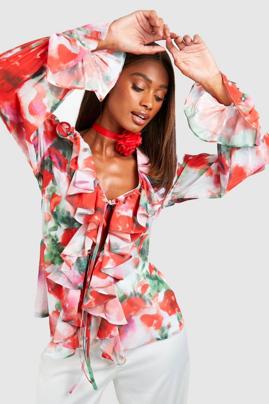 Red Floral Ruffle Tie Front Boho Top image number 1