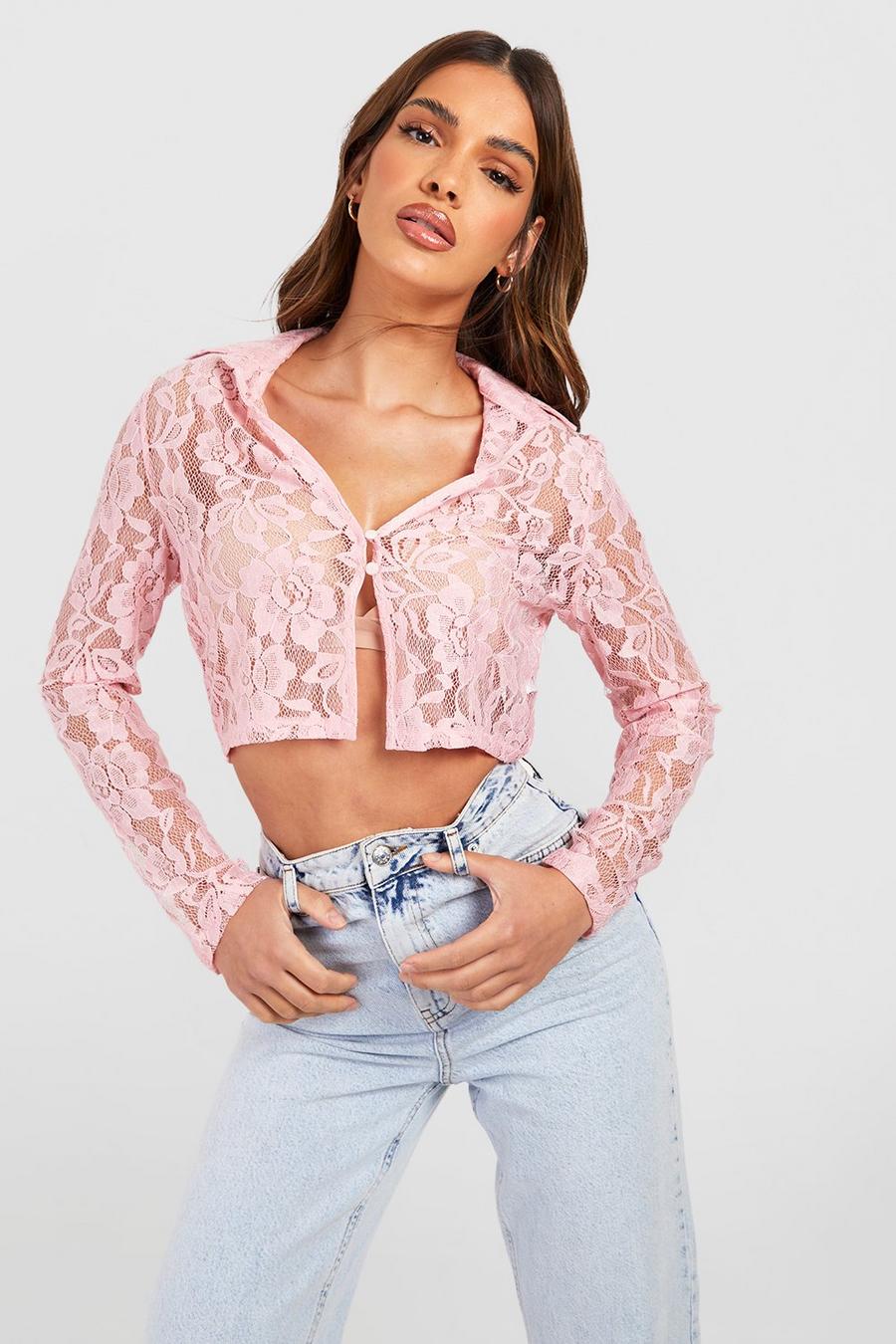 Baby pink Button Front Lace Cropped Shirt image number 1