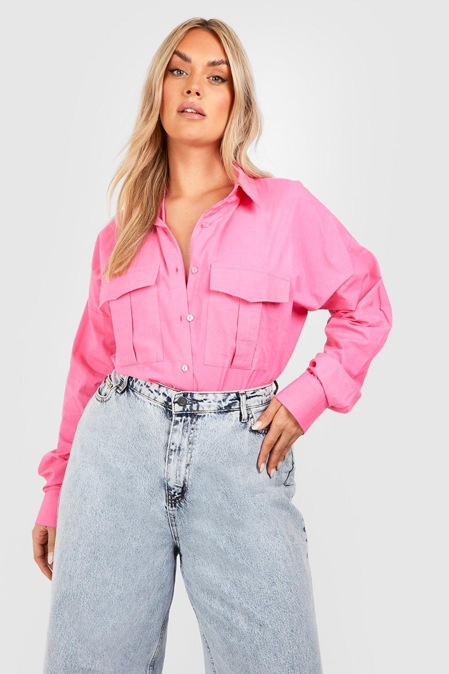 Camicia Plus Size oversize in cotone popeline stile Utility, Pink