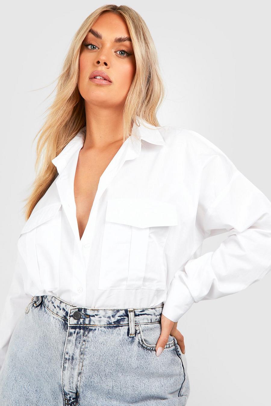 Camicia Plus Size oversize in cotone popeline stile Utility, White image number 1