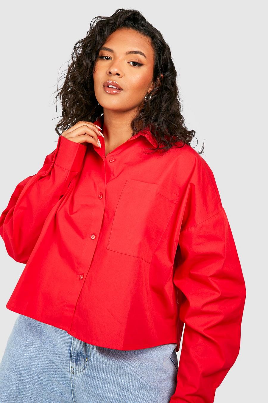 Red Plus Long Sleeve Boxy Crop Shirt image number 1