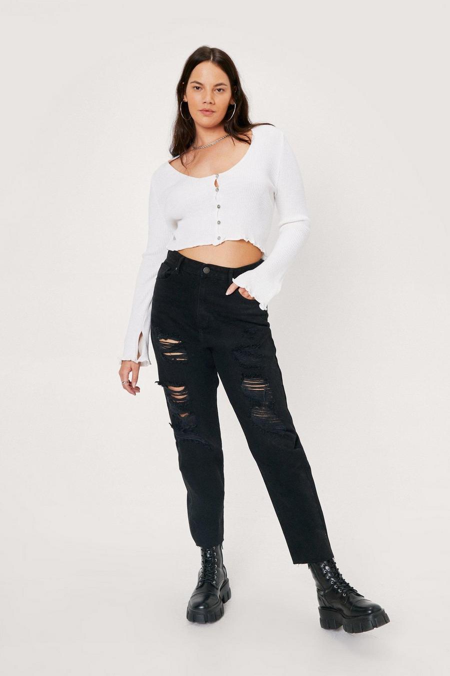 Jeans Mom Plus Size in denim sostenibile a effetto consumato con fondo grezzo, Black nero