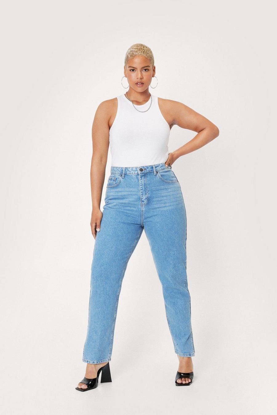 Jeans Mom Plus Size in denim sostenibile con spacco sul fondo, Blue image number 1