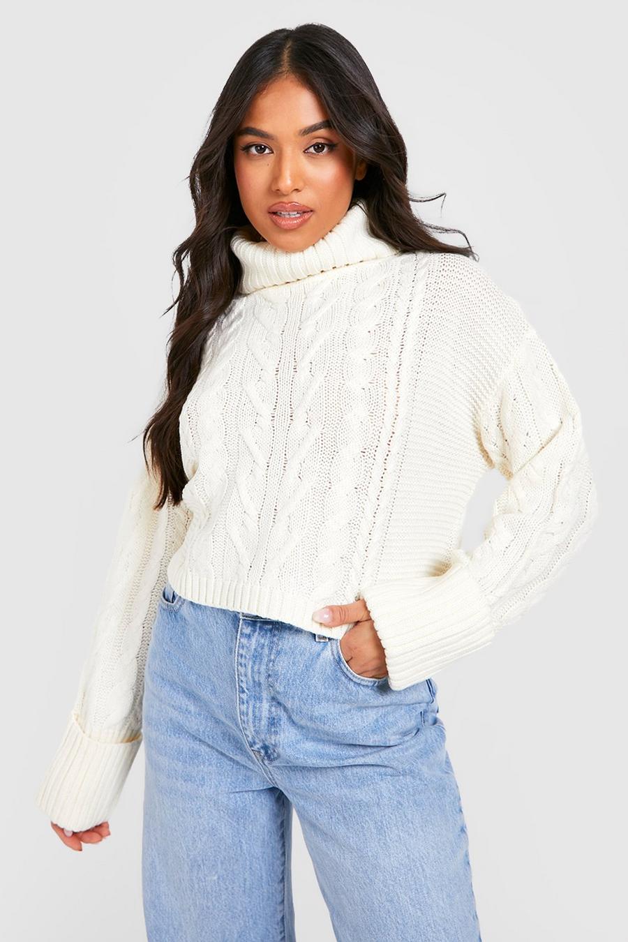 Cream white Petite Cable Knitted Turtleneck Sweater