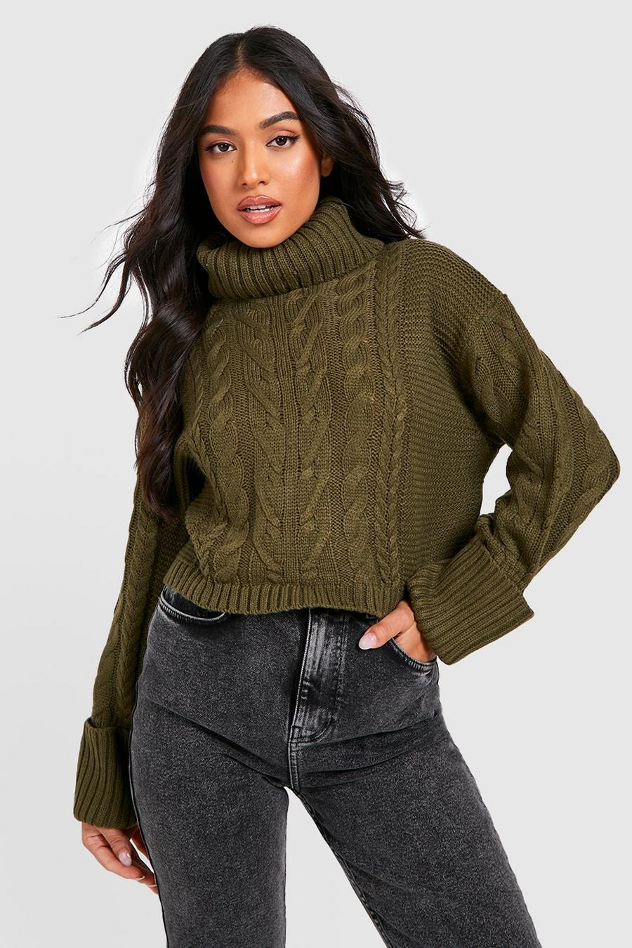 Khaki Petite Cable Knitted Roll Neck Jumper    image number 1