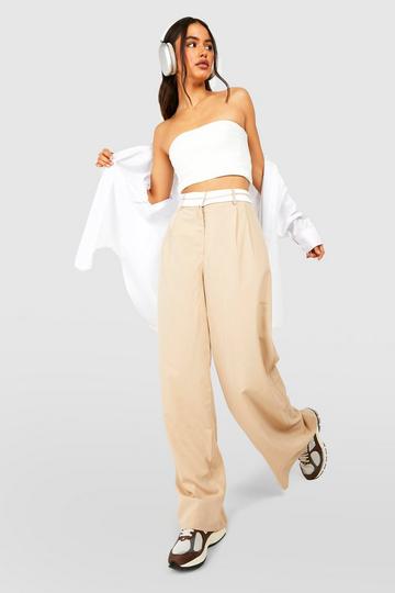 Reverse Waistband Tailored Wide Leg Trousers stone