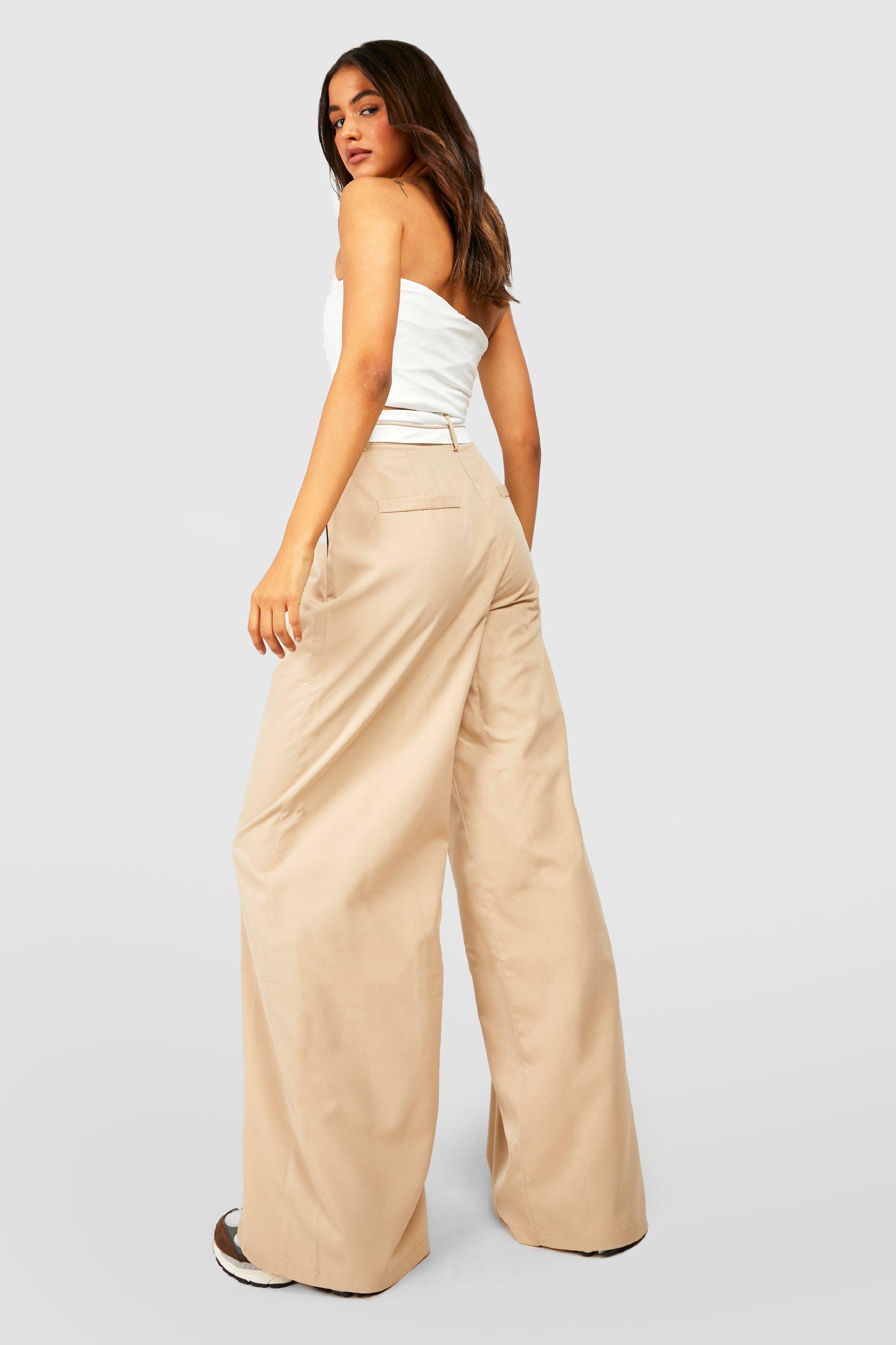 Beige Wide Leg Trousers With Reversed Waistband, BLUZAT