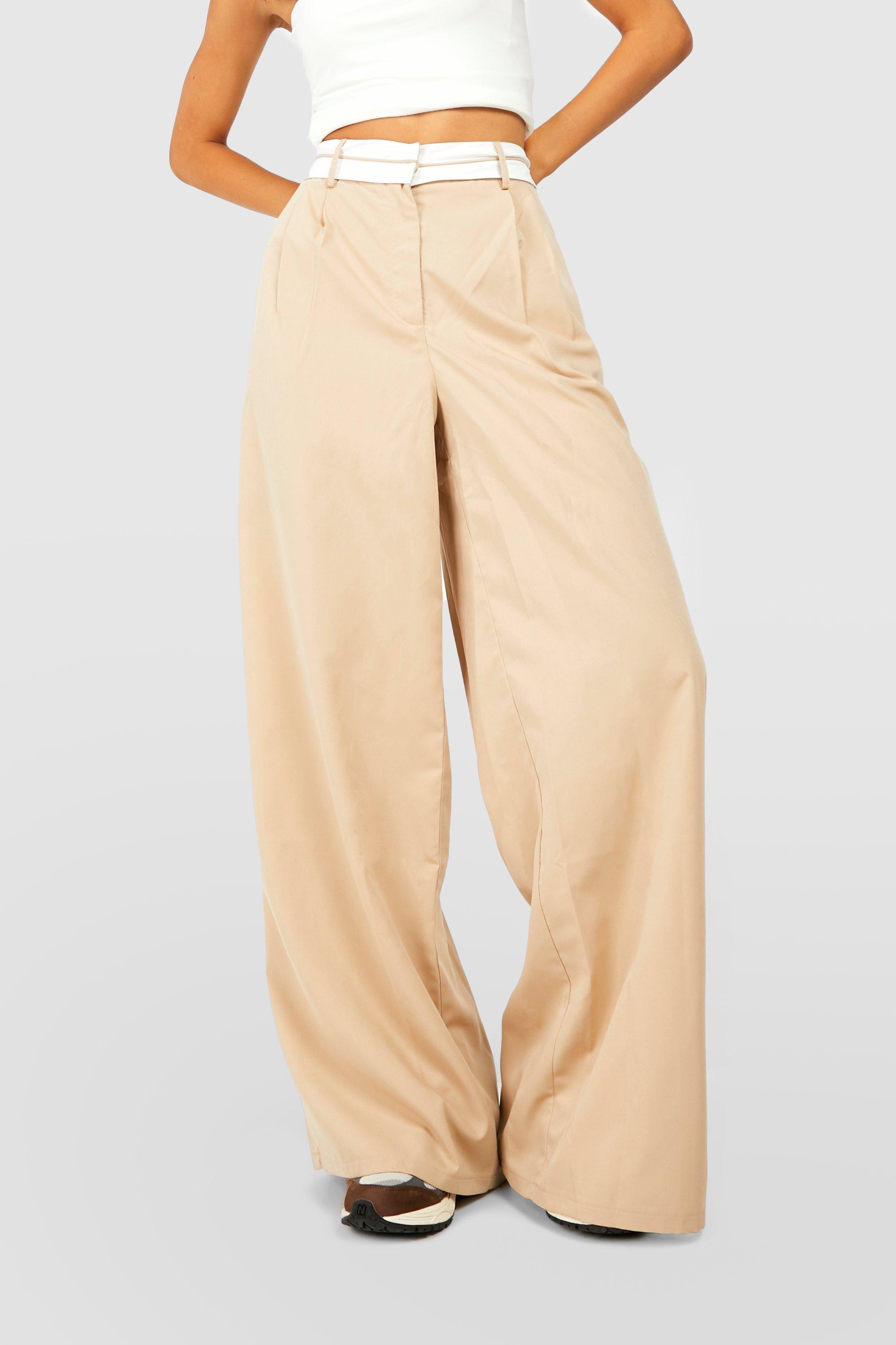 Beige Wide Leg Trousers With Reversed Waistband, BLUZAT