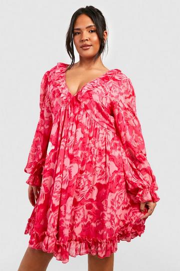 Plus Printed Chiffon Wrap Smock Dress pink