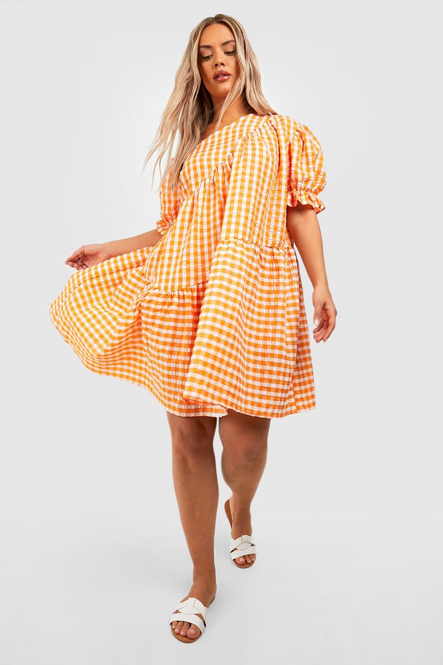 Orange Plus Gingham Textured Tiered Smock Dress image number 1