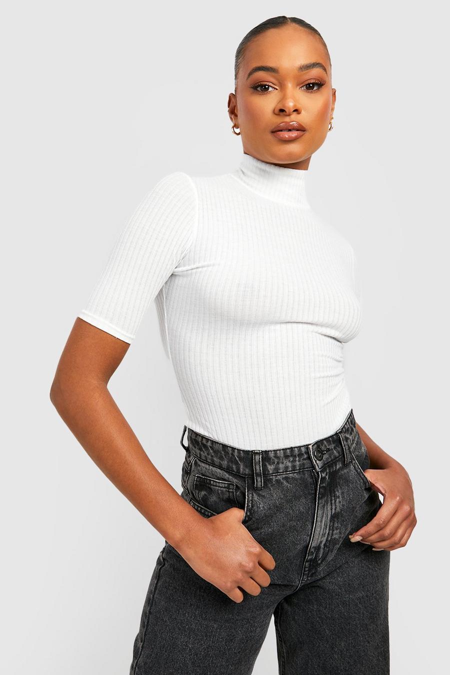 Ivory Tall Soft Rib Funnel Neck Short Sleeve Fitted Jumper image number 1