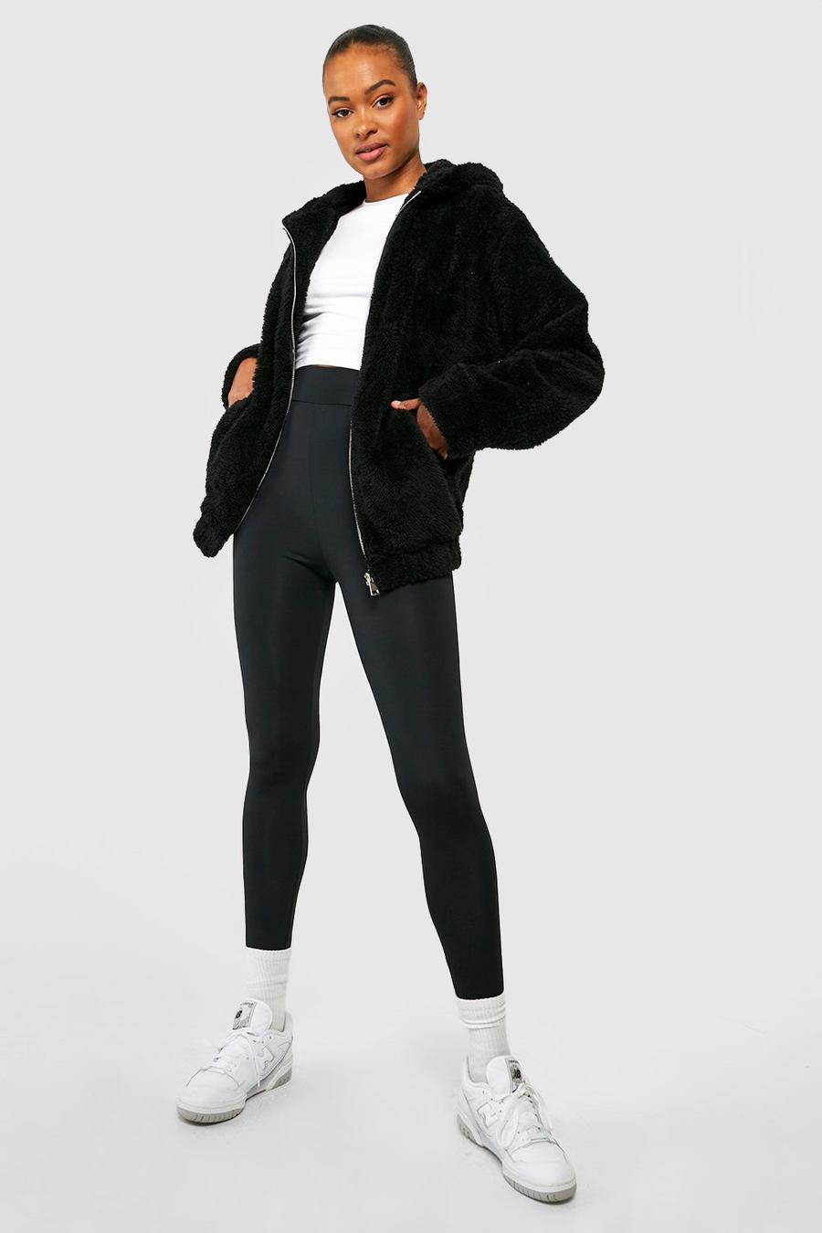Black Sportswear Hooded Zip Through Teddy Bomber Jacket