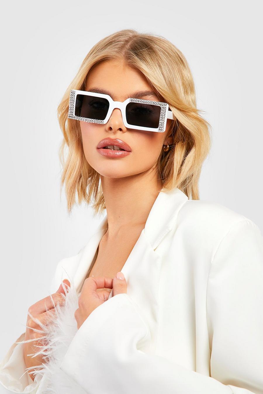 White Crystal Edge Square Frame Sunglasses image number 1