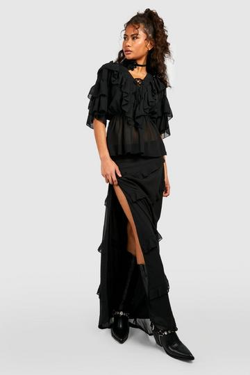 Chiffon Tiered Frill Maxi Skirt black