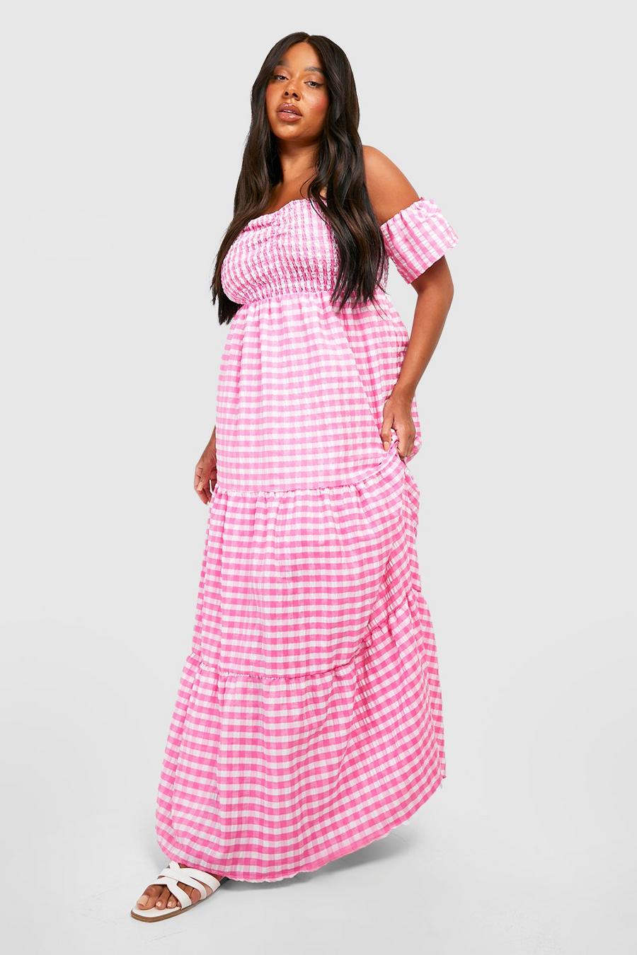 Pink Plus Gingham Textured Bardot Tiered Maxi Dress image number 1