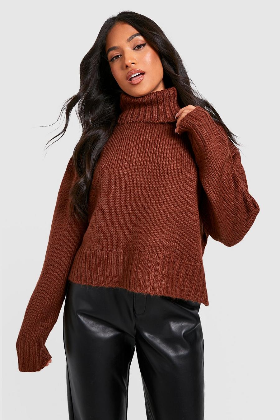Brown Petite Knitted Turtleneck Split Hem Sweater image number 1