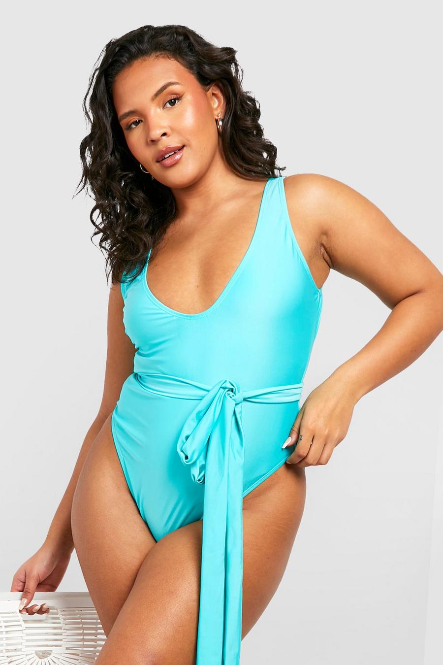 Turquoise Plus Tie Waist Swimsuit   image number 1