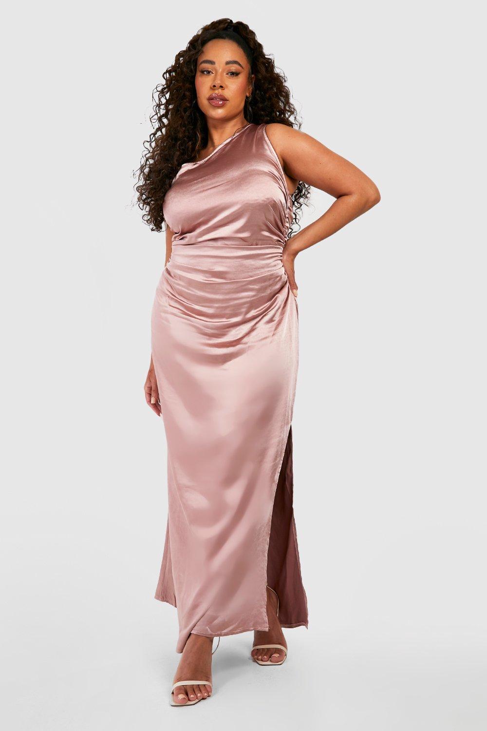 Women s Plus Bridesmaid Satin One Shoulder Ruched Maxi Dress