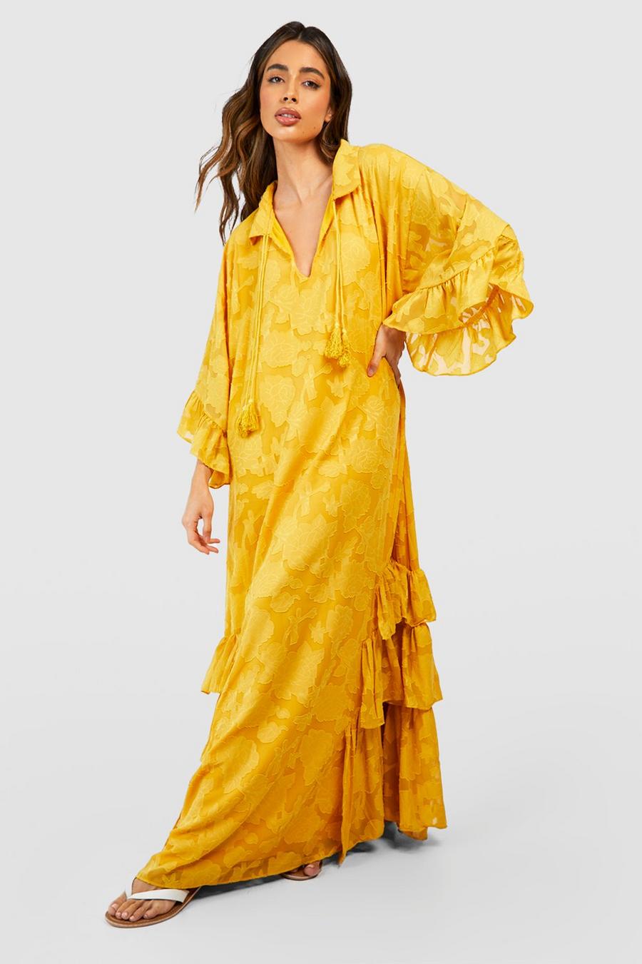 Mustard Textured Chiffon Ruffle Detail Maxi Dress image number 1