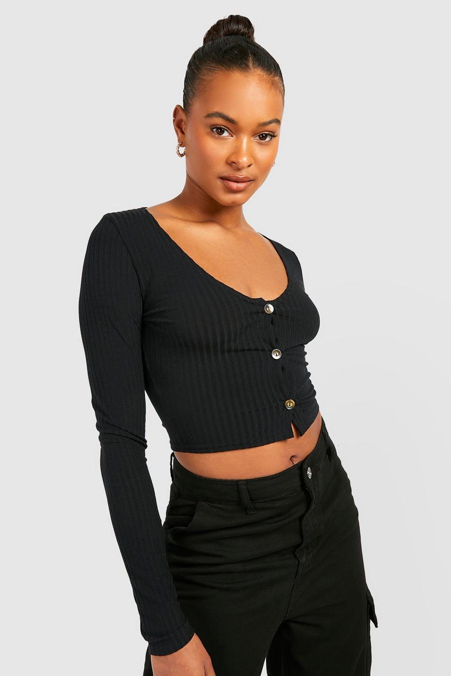 Black Tall Soft Rib Button Up Crop Jumper image number 1